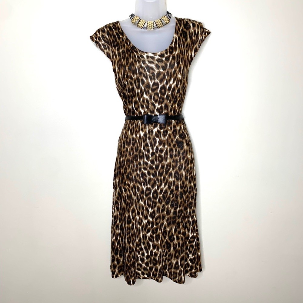 Cato Leopard Print Midi Dress Fit & Flare Bow Belt Sleeveless Scoop Neck S NWT